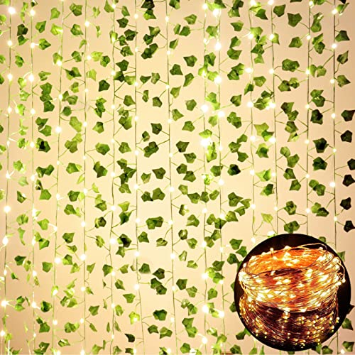 12 Pack Fake Vines for Room Decor with 100 LED String Light Artificial Ivy Garland Hanging Plants Faux Greenery Leaves Bedroom Aesthetic Decor for Home Garden Wall Wedding - size: 12pcs Ivy with 100 LED