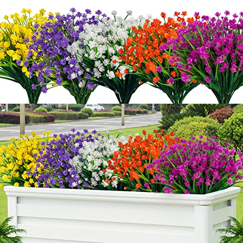 Lnoicy 20pcs Artificial Fake Flowers,Plastic Flowers for Outdoor Decoration, UV Resistant Faux Flowers Shrubs, Artificial Plants for Indoor Outside Garden Home Wedding Farmhouse（5 Color） - color: Mix Color, size: 20 PCS