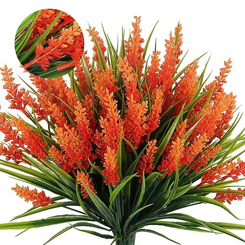 RECUTMS 12Pcs Spring Fake Fall Flowers Outside,Artificial Plants Outdoor, UV Resistant Faux Monkey Grass Greenery Stems Faux Plastic Flowers Shrubs for Weddings Garden Porch Front Patio Decor(Orange) - color: Orange
