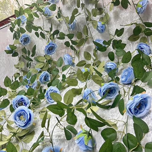 Flower Garland for Backdrop, Rose Garlands for Gecoration, 4Pcs Blue Hanging Flowers, Artificial Flower Vines Wedding Decor, Birthday Decorations, Arch Garden Ceremony Background Wall Decor (Blue) - color: Blue Rose