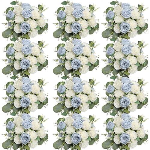 Peonies Artificial Flowers Bulk, 12 Bundles Fake Silk Peonies Faux Eucalyptus Bouquet Realistic Peony Floral Arrangement for Wedding Table Centerpiece Vase Decor (Dusty Blue & White) - color: Dusty Blue & White