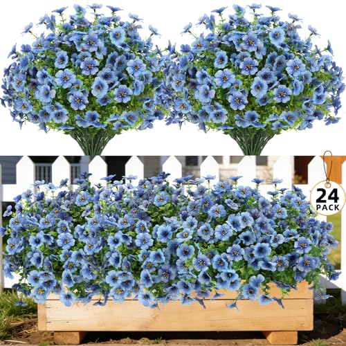 24 Bundles Artificial Flowers for Outdoors, UV Resistant Faux Flowers for Outdoor Planters, Fake Flowers for Outside Porch Patio Window Box, Mixed Color Daisy Bushes for Garden Decor (Blue) - color: Blue