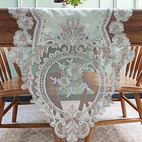 Elegant Vintage Lace Table Runner 98 inches(250cm) Long Beige Gold with Exquisite Macrame and Embroidered Floral Pattern Perfect as a Dresser Scarf (14X98'') - color: Beige Gold, size: 14''x98''(36x250cm)