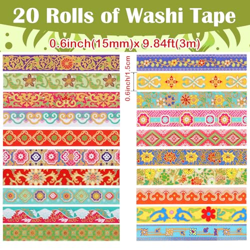 20 Rolls Gold Foil Floral Washi Tape Set Vintage Chinoiserie Decorative Tape Exotic Arts Masking Tapes for DIY Crafts Scrapbooking Bullet Journaling Planner Gift Wrapping - color: W