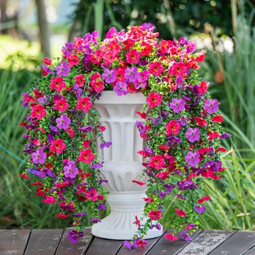 2 PCS Artificial Hanging Flowers for Outdoors Decorations, Spring Summer Realistic Silk Daisy with Eucalyptus, UV Resistant Faux Plants for Patio Home Decor Window Box (Rose Red&Light Purple) - color: Purple + Hot Pink&2pcs Hanging