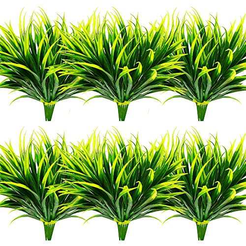 16 Pcs Outdoor Fake Plants UV Resistant Artificial Tall Grass Plants Faux Tropical Flowers Bushes Fall Winter Summer Planters Yard Patio Front Porch Décor Plastic Greenery Shrubs Decoration - color: Green, size: 16 Pcs