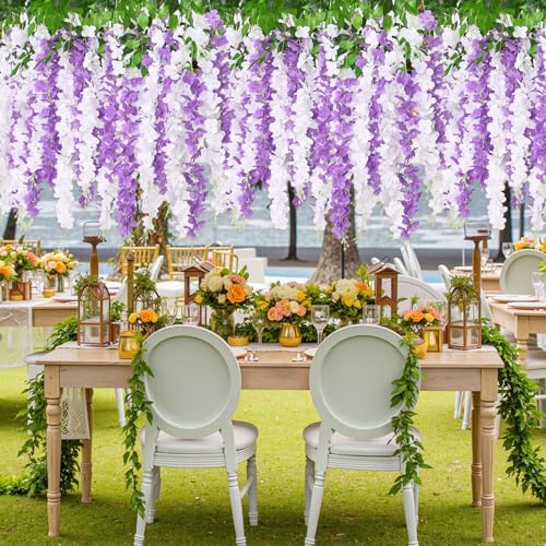 12Pcs Artificial Wisteria Hanging Flowers, 3.6Ft/Pcs White & Purple Fake Wisteria Garland for Wedding Party Home Garden Indoor Outdoor Decoration - color: White & Purple, size: 12Pcs