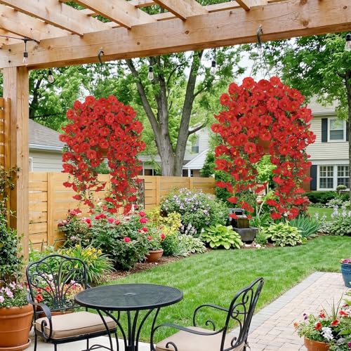 6PCS Artificial Hanging Flowers Fake Plants Outdoor, Silk Morning Glory Faux Flowers,UV Resistant Realistic Hanging Petunias Plants for Home Garden Patio Window Basket Decor (Red) - color: Red