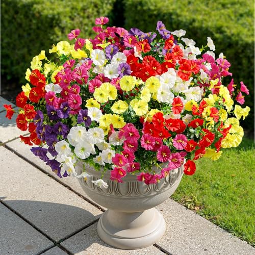 Alupssuc 24 Bundles Artificial Flowers for Outdoors Spring Decoration, UV Resistant Faux Petunia Silk Morning Glory with Eucalyptus Realistic Fake Flowers for Yard Planter Porch Garden, 5 Colors - color: Red, Fuchsia, Deeppurple, Yellow, White
