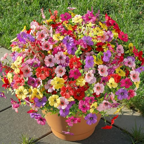 SHareconn 24 Bundles Artificial Flowers for Outdoors Decoration, Faux Plants Fake Silk Colorful Daisy Eucalyptus Lavender, UV Resistant for Outside Home Porch Patio Indoor Spring Decor, Mix 5 Colors - color: Redrosypurpleyellowpink