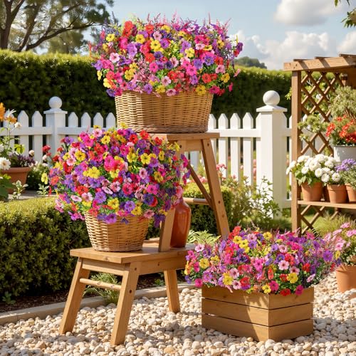 SHareconn 24 Bundles Artificial Flowers for Outdoors Decoration, Faux Plants Fake Silk Colorful Daisy Eucalyptus Lavender, UV Resistant for Outside Home Porch Indoor Spring Decor, 6 Colors incl. Red - color: Redrosypurpledeeppurpleyellowpink