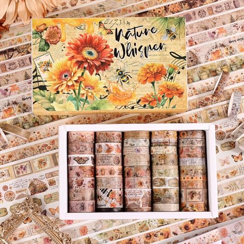 Natural Washi Tape Set, 42 Rolls - Floral, Butterfly, Bee, Botanical,Letter, Vintage Writable Scrapbooking Tapes for Journaling, Bullet Diaries, Card Making, Gift Wrapping, Aesthetic Craft Supplies - style: Nature
