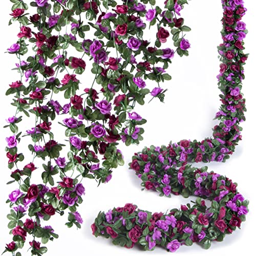 PONKING 8 Pcs x 8.2 ft Flower Garland Artificial Rose Vine Flowers with Green Leaves Hanging Fake Roses Vine for Room Party Home Wedding Birthday Christmas Wall Arch Decor, Spring Purple Flower - color: Spring-purple-8pcs, size: 8 Vines 66FT