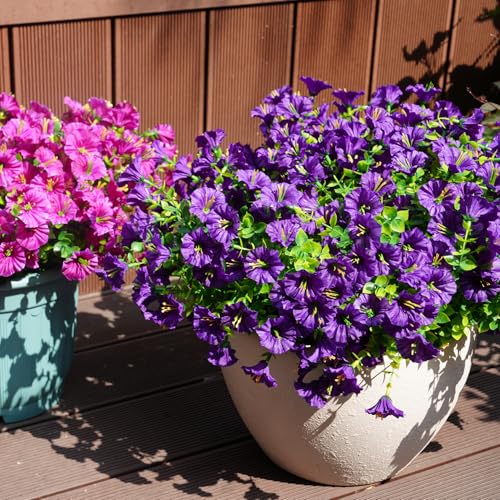 Artificial Flowers for Outdoors, UV Resistant Fake Silk Morning Glory, Realistic Faux Plants for Outside Porch Patio Window Box Hanging Planter (16, Purple) - color: Purple