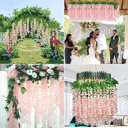 Wisteria Hanging Flowers 12 Pack Artificial Flowers Fake Wisteria Vine Rattan Hanging Garland Silk Flowers String for Party Home Wall Greenery Wedding Decor (Light Pink) - color: Pink, size: 12 PCS