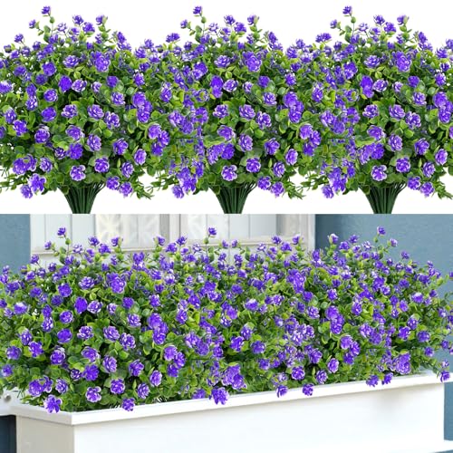 Bassion 20 Bundles Artificial Flowers for Outdoors, UV Resistant Faux Plants Outdoor Indoor Fake Flowers Plastic Greenery Shrubs Eucalyptus Stems for Garden Fence Patio Window Box Porch Pot Decor - color: Purple
