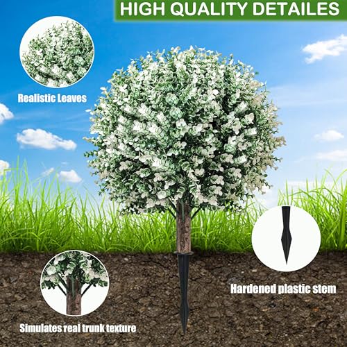 THKFUL 2PCS Artificial Boxwood Topiary Ball Tree, 24" Artificial Plants Outdoor with Spike, UV Resistant Eucalyptus Gazing Balls Fake Bushes Shrubs with Spike for 4th of July Garden Patio Office Home - style: White Boxwood