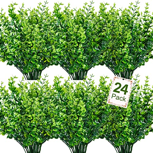 Ouddy Decor 24 Bundles Artificial Greenery Stems Fake Plants Outdoor UV Resistant Faux Plastic Boxwood for Kitchen Office Garden Porch Farmhouse Window Box Home Decor - size: 24 Pcs