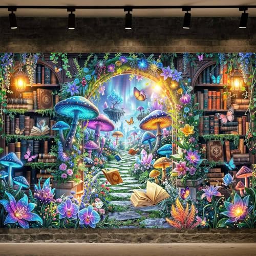 6X4ft Fantasy Library Garden Backdrop Enchanted Archway Glowing Mushrooms Flowers and Floating Books Magical Fairy Forest Photography Background for Birthday Party Photo Booth Studio Decor - color: Multi11, size: 6X4FT