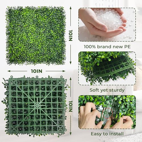 Artificial Grass Wall Backdrop: 10"x 10"(26P) Boxwood Faux Green Wall Panels for Interior Wall, Greenery Wall,Garden and Indoor Outdoor Plant Decor - size: 10"x10" (26 Panels)