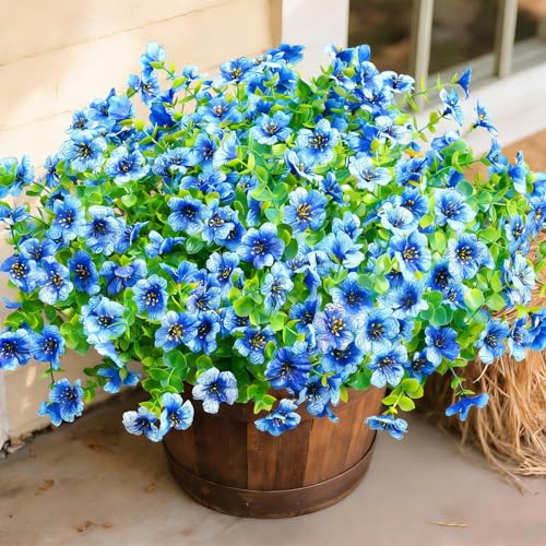 12 Bundles Artificial Flowers for Outdoor UV Resistant and Realistic, Faux Daisy Fake Flowers with Eucalyptus Leaves for Porch, Patio, Planter, Window Box, Home, Garden Decor - color: Blue