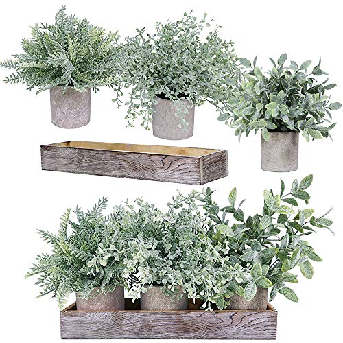 Winlyn 3 Pack Potted Plants Artificial Eucalyptus Boxwood Fern Greenery in Pots with Wood Planter Box for Farmhouse Cabinets Bath Table Bathrooms Mantle