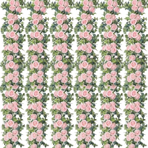 Riceshoot 6 Pcs 26 ft Artificial Eucalyptus Vines Garland with Flowers Faux Floral Greenery Garlands Rose Wreath for Wedding Party Arch Table Decor Backdrop Decorations (Pink) - color: Pink