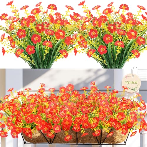 MACTING 12 Bundles Artificial Flowers for Outdoors UV Resistant Fake Flowers No Fade Plastic Outdoor Plants for Indoor Outside Planters Garden Porch Yard Window Home Summer Decorations,Red - color: Red, size: 12PCS