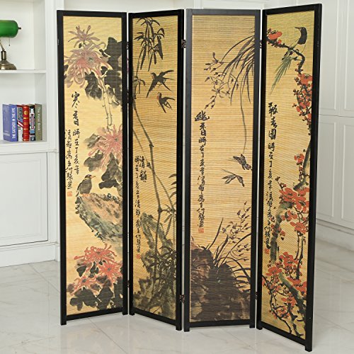 MyGift Decorative 4 Panel Folding Room Divider Bamboo Screen with Chinese Calligraphy Design, 6FT Freestanding Floral Artwork Room Partitioner with Black Wood Frame - color: Black (Floral), size: 4 Panel