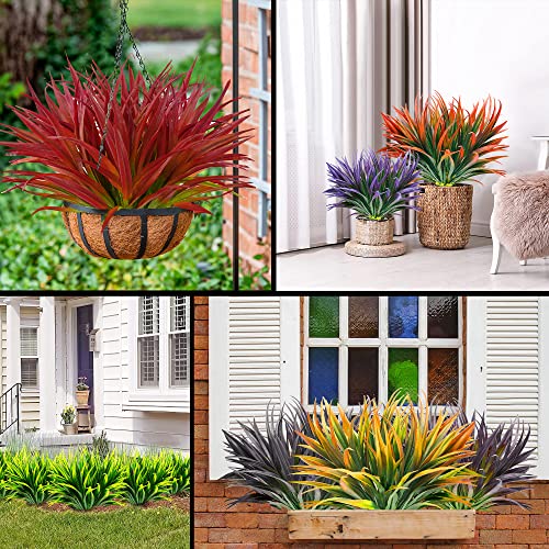 16pcs Artificial Plants Outdoor Flowers UV Resistant Fake Tall Grass Plants Faux Tropical Shrubs Plastic Greenery Bushes Front Porch Patio Garden Outside Decoration (Purple) - color: Dark Purple Grass Plant, size: 16 Pcs