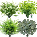 12 Bundles 4 Styles Artificial Plants Outdoor Summer Decor, UV Resistant No Fade Artificial Flowers Faux Plants Fern Lavender Eucalyptus Plastic Greenery Shrubs for Outside Porch Garden Home Cemetery - size: 12 Pack