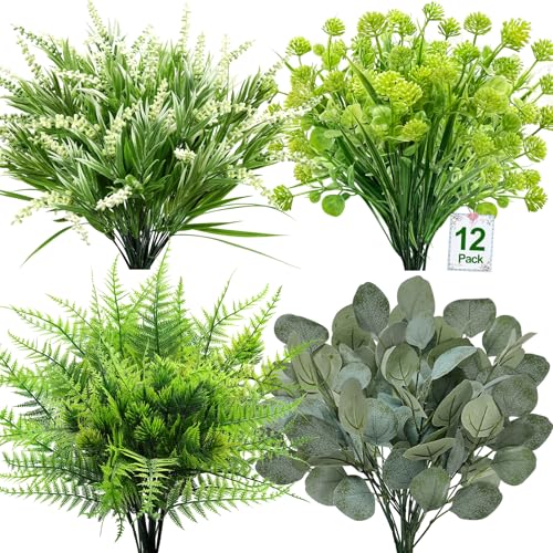12 Bundles 4 Styles Artificial Plants Outdoor Summer Decor, UV Resistant No Fade Artificial Flowers Faux Plants Fern Lavender Eucalyptus Plastic Greenery Shrubs for Outside Porch Garden Home Cemetery - size: 12 Pack