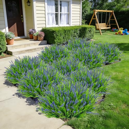 24 Bundles Artificial Plants Flowers Outdoor, Faux Lavender Flowers Fake Monkey Grass UV Resistant Plastic Plant for Porch Garden Patio Window Home Decor, Purple - color: Purple