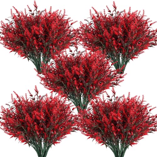 RECUTMS Spring Decoration, Artificial Greenery,36 Pcs Artificial Flowers Outdoors Fake Lavender Plants Indoor UV Resistant Plastic Faux Bouquets for Outdoor Home Garden Porch Decoration(Red) - color: Red, size: 36 Bundles