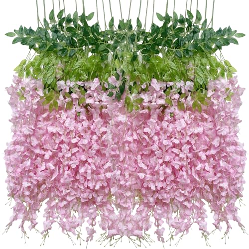 Artificial Wisteria Hanging Flowers Fake Wisteria Flower Garland Silk Vines Rattan Decor for Home Wedding Arch Wall Garden Greenery Bedroom Outdoor Office Party Decoration (12, Light Pink) - color: Light Pink