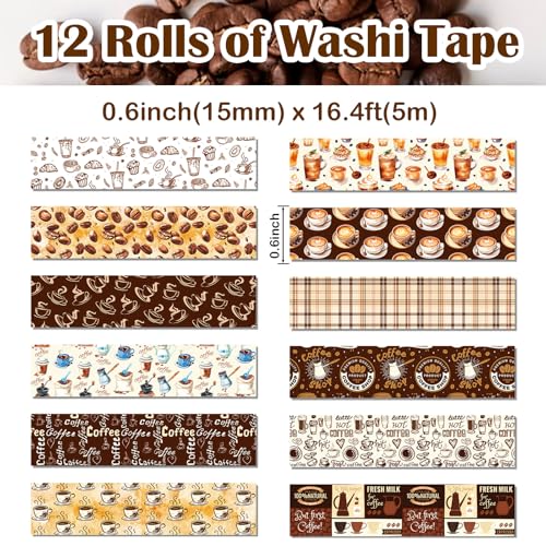 12 Rolls Coffee Washi Tape Set, Vintage Coffee Decorative Tapes, Retro Brown Watercolor Cafe Masking Tape for Journaling, Scrapbooking, Planner, DIY Arts Crafts Supplies, Gift Wrapping 16.4FT - color: S