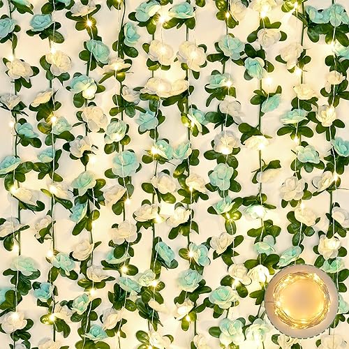 BLEUM CADE 5Pcs 41Ft Flower Garland Artificial Rose Vines with 32.8Ft String Lights, Cute Fake Hanging Flower Vines Floral Garland Decorations for Wedding Party Wall Room Decor Aesthetic - color: Blue & White With Lights, size: 5 Pcs