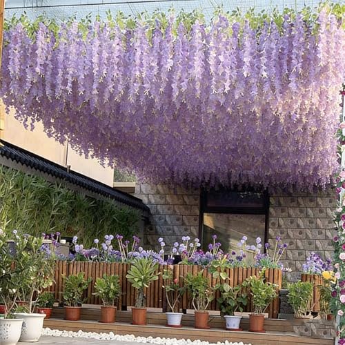 HUAHUA Artificial Wisteria Flowers, White Dense Artificial Fake Wisteria Vine Ratta Hanging Garland Silk Flowers String for Home Party Wedding Decor (24pcs Light Purple) - color: 24pcs Light Purple
