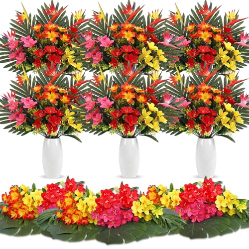 Hotop 4 Set/ 16 Pcs Artificial Tropical Flower Bouquets Bulk for Hawaii Centerpieces Bird of Paradise Lily Bouquet Permanent Flower Tropical Plant Party Office Home Decor (Multiple Color) - color: Multiple Color