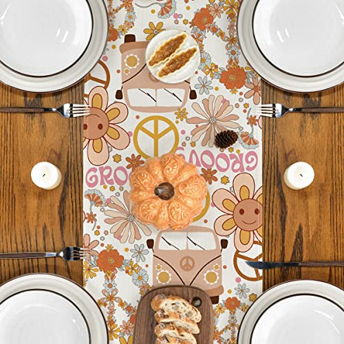 Artoid Mode Daisy Flower Peace and Love Table Runner, Wreath Float Groovy Kitchen Dining Table Decoration for Outdoor Home Party 13x72 Inch