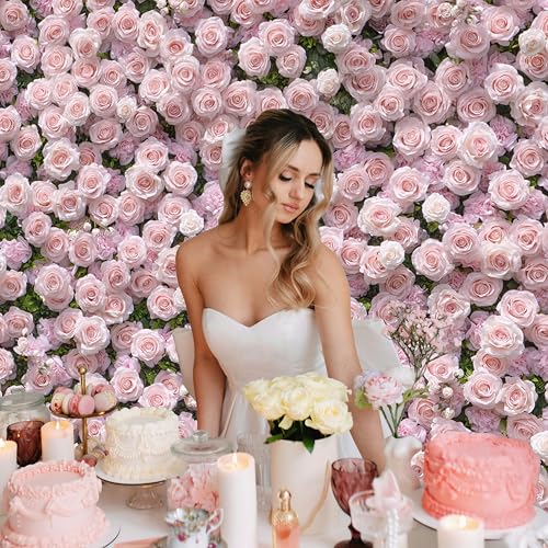 Artificial Flower Wall, 5D Silk Floral Backdrop Panels Decor for Wedding Celebrations, Festive Party, Home Decor, Photo backdrop, Baby Shower, Quick Assembly and Storage, Pink Rose, 8ft*8ft. - color: Sweetdream-pink, size: 8Ft*8Ft
