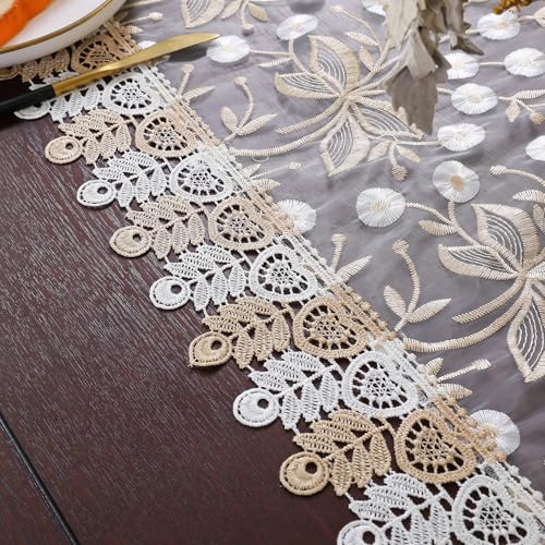 Lace Table Runner Floral Embroidery Fabric Rustic Table Runners Elegant Chic Table Transparent Cover for Home Dining Room Tabletop Decor Wedding Party Dresser (Champagne&White, 16 x 70 Inch) - color: Champagne&white, size: 16 x 70 Inch