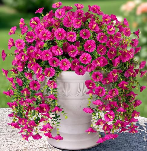 Artificial Faux Hanging Flowers Plant for Outdoor Decor,2 PCS Fake Silk Morning Glory with Eucalyptus UV Resistant Realistic Trailing Vine for Wall Home Porch Patio Balcony Yard Indoor Decor, Fuchsia - color: Fuchsia