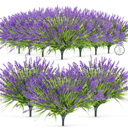 Qinzave 32 Bundles Faux Lavender Plants Outdoor, UV Resistant Artificial Lavender Flowers with Monkey Grass for Garden, Patio, Planter, Hanging Basket, Front Porch, Pathway Decor (Purple) - color: Purple