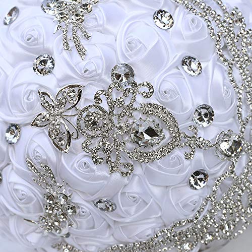 Handmade Luxury Wedding Bridal Bouquet Large Silk Rose Holding Toss Artificial Flowers Bouquets with Satin Ribbon Pearls Rhinestone for Bride Vintage Royal Wedding Bouquet (White) - color: White