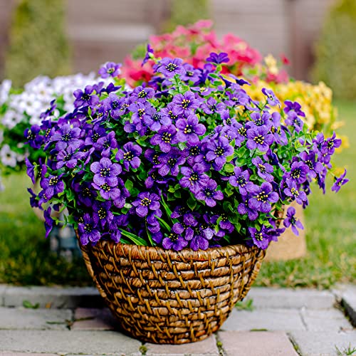 AXYLEX Artificial Flowers for Outdoors, 16 Bundles Fake Plants (Purple) | UV resistant faux plastic flowers, no fade artificial greenery – garden, patio, porch & home - color: Purple