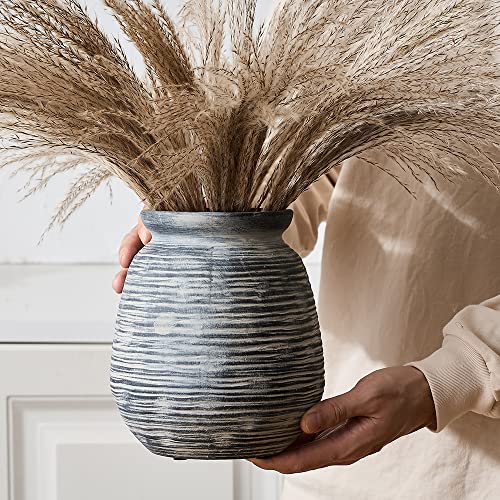 SIDUCAL Ceramic Rustic Farmhouse Flower Vase, Pottery Decorative Flower Vase for Home Decor, Table, Living Room Decoration, Shelf Decor, Mantel, 7.3 Inch, Black - color: Black