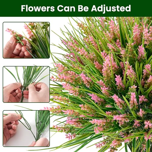 20 Bundles Artificial Plants Outdoor, UV Resistant Fake Flowers， Realistic Faux Lavender Shrubs for Porch Garden Window Box Home Decoration (Pink) - color: Pink
