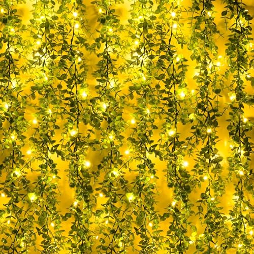 Dolicer 3 Packs Eucalyptus Garland with LED Lights String, 18FT Faux Eucalyptus Greenery Garland, Artificial Hanging Green Eucalyptus Leaves Vine Wedding Backdrop Arch Wall Table Decor (Grey Green) - color: Grey Green With Light, size: 3 Packs