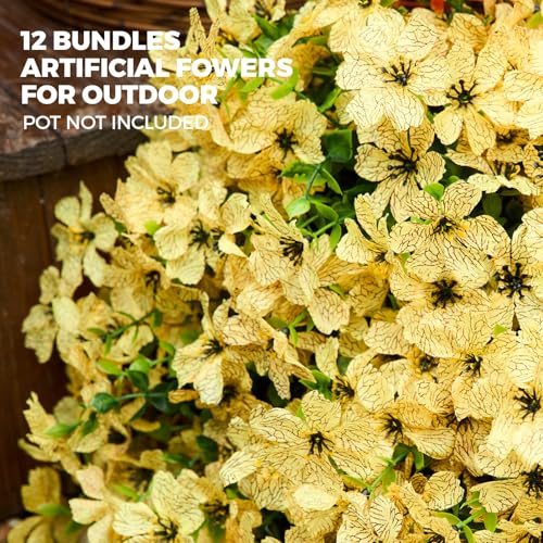 PONKING Artificial Flowers for Outdoors Patio Decoration 12 Bundles Fake Flower Cherry Blossom UV Resistant Faux Plants Yard Garden Porch Home Boxwood Planter Patio Decor, Yellow Flower - color: D Yellow Cherry Blossom 12pcs